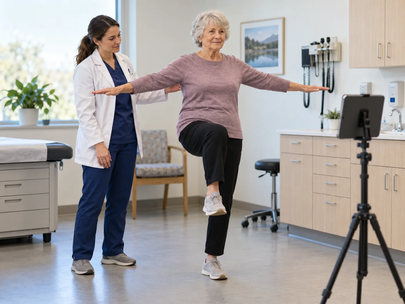 Geriatric patient standing on one leg during balance assessment