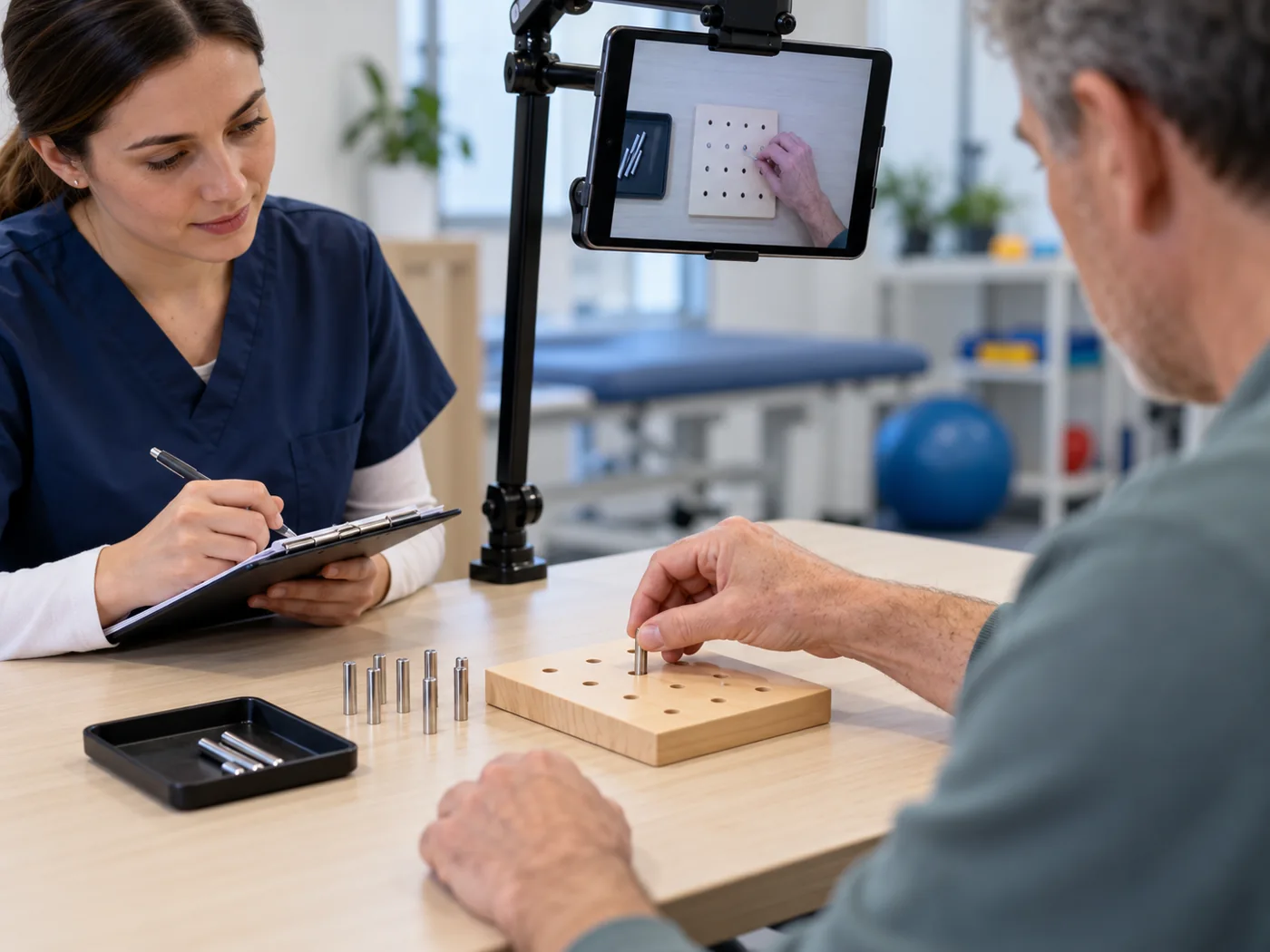 Camera-assisted occupational therapy assessment with hands and clinical equipment