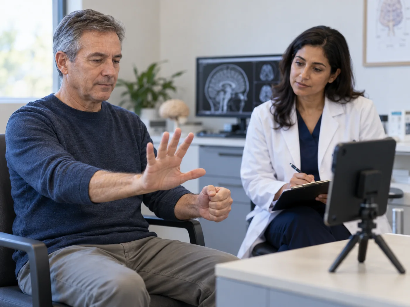 Neurologist supervising a hand motor assessment