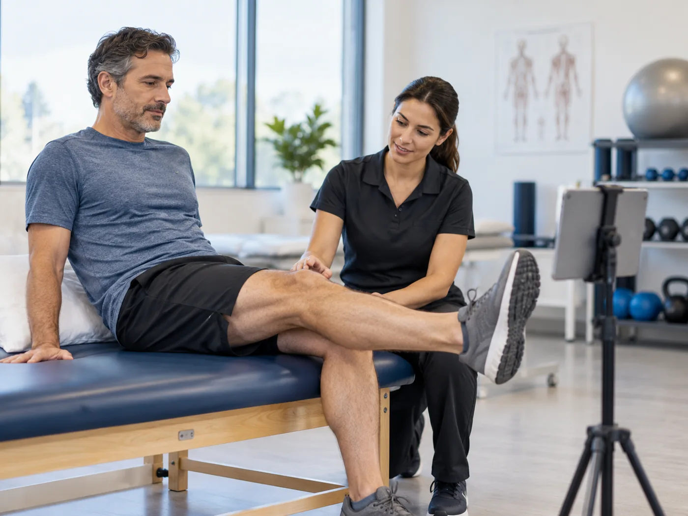 Clinician guiding a knee assessment while a camera records in clinic