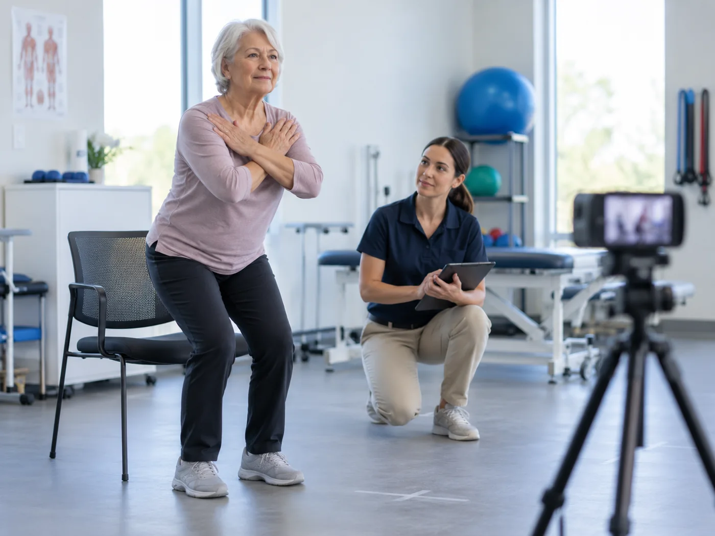 Illustration of an older patient doing a sit-to-stand assessment supervised in a rehabilitation clinic