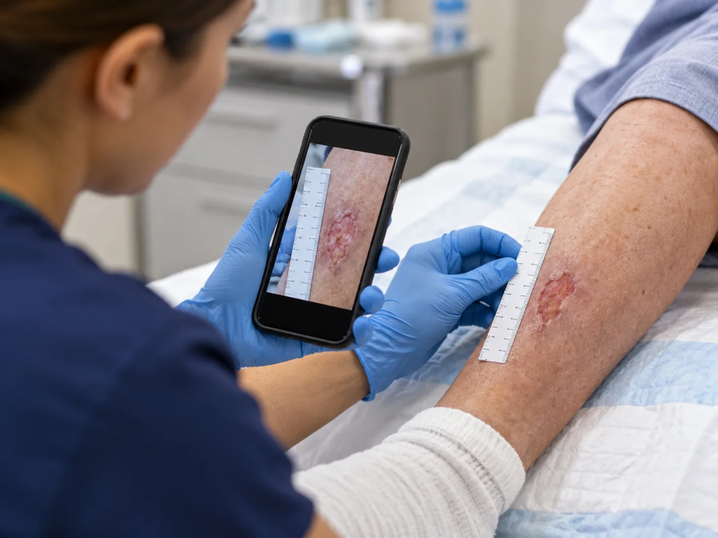 Clinician taking a calibrated wound measurement photo
